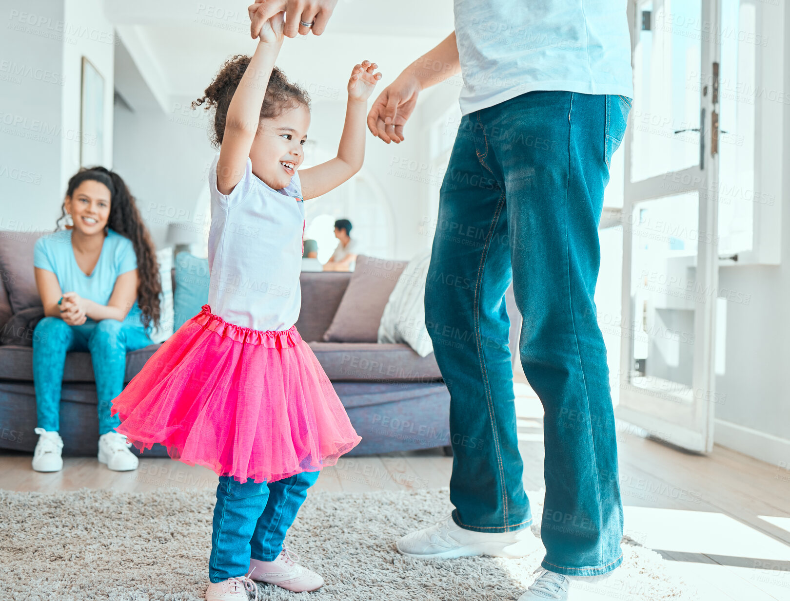 Buy stock photo Princess, dad and child in living room with dance, smile and happy family fun in home together. Energy, father and girl in lounge for playful bonding, growth and kids development in fancy dress tutu