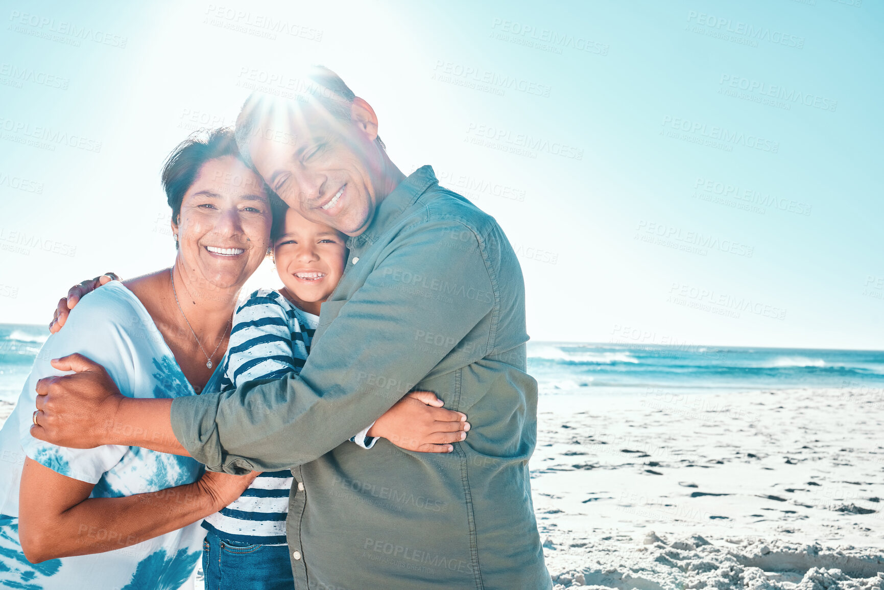 Buy stock photo Beach, grandparents and hug of child, smile and portrait of mature woman with love for family or boy. Outdoor, grandma and care for kid, embrace or man on vacation to relax, fun or travel for holiday