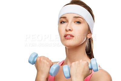 Buy stock photo Studio, face and dumbbells for girl, exercise and fitness in gym, confidence and healthy with workout. White background, training and woman with hand weight, practice and energy with equipment