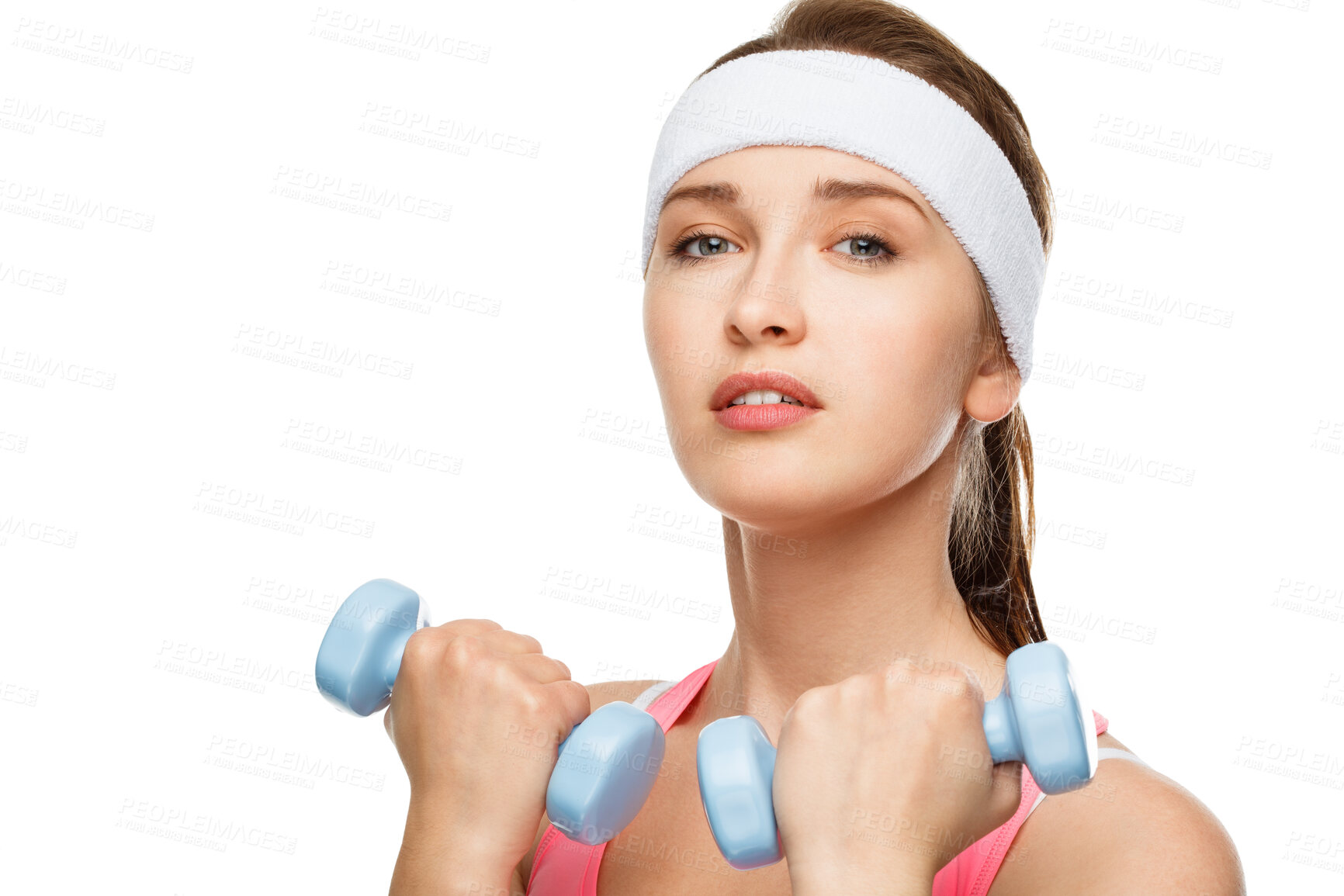 Buy stock photo Studio, face and dumbbells for girl, exercise and fitness in gym, confidence and healthy with workout. White background, training and woman with hand weight, practice and energy with equipment