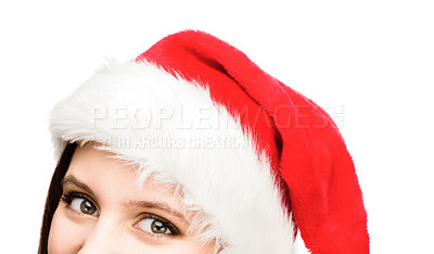 Buy stock photo Woman, Christmas hat and festive holiday in studio for gift event or Santa claus vacation, celebration or white background. Female person, eyes and present discount or giveaway, party or tradition