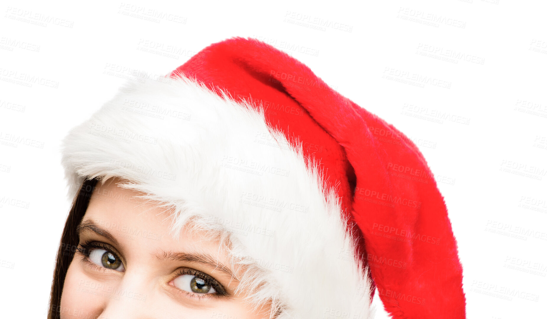 Buy stock photo Woman, Christmas hat and festive holiday in studio for gift event or Santa claus vacation, celebration or white background. Female person, eyes and present discount or giveaway, party or tradition