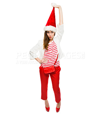 Buy stock photo Businesswoman, portrait and christmas hat in studio for end of year party isolated on white background. Celebration, cool and trendy holiday outfit with creative business fashion for fun in Sweden.