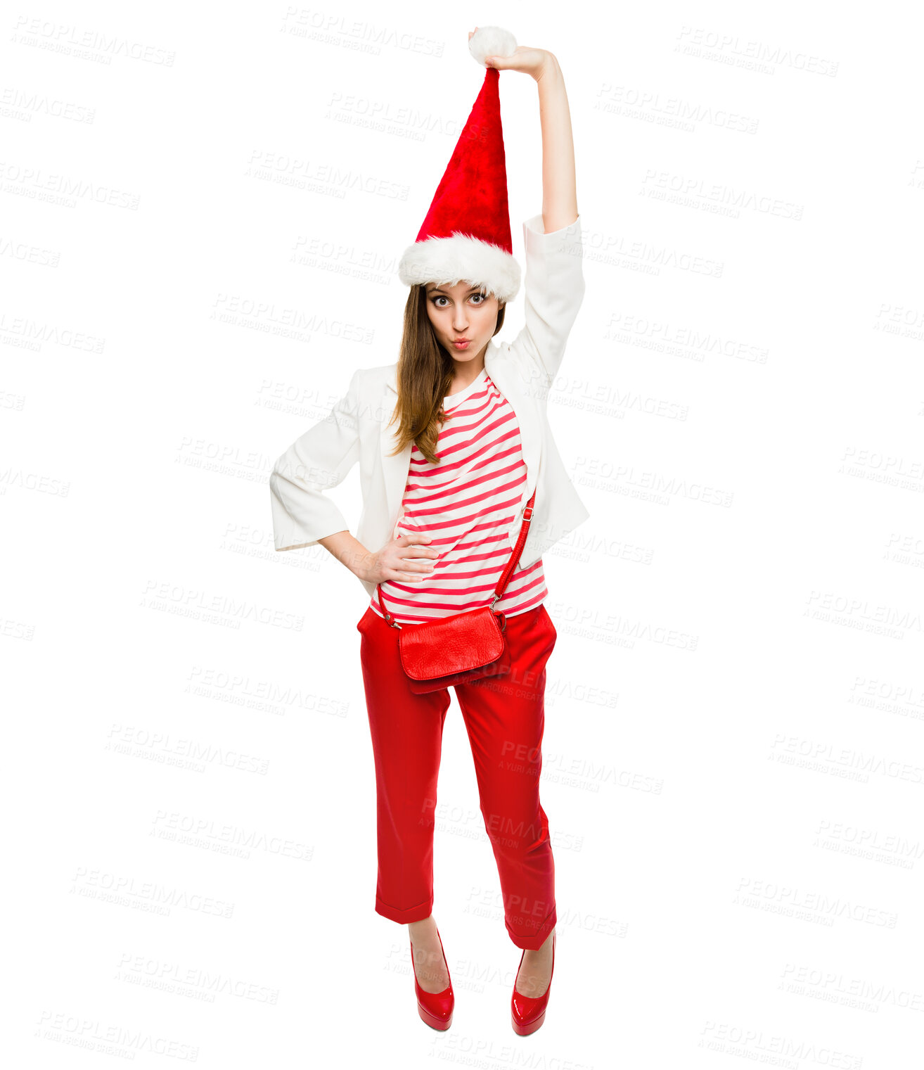 Buy stock photo Businesswoman, portrait and christmas hat in studio for end of year party isolated on white background. Celebration, cool and trendy holiday outfit with creative business fashion for fun in Sweden.