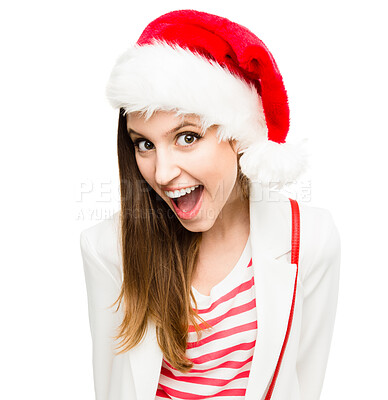 Buy stock photo Woman, portrait and excited for Christmas celebration in studio or present giveaway, deal or white background. Female person, face and shopping discount for festive season, holiday or santa claus