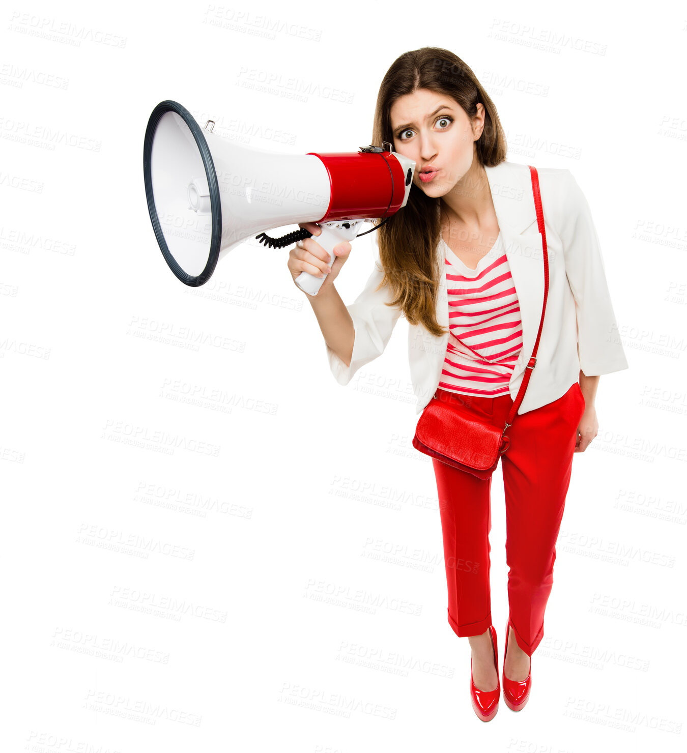 Buy stock photo Megaphone, fashion and portrait of a woman in studio for serious announcement, voice or speech. Weird and comic female model in trendy red clothes with a loudspeaker for breaking news or broadcast 