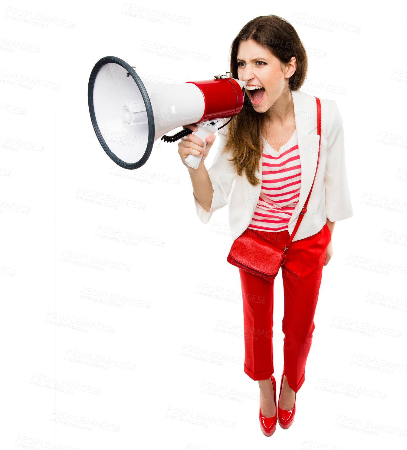 Buy stock photo Fashion, megaphone and a woman shouting in studio for serious announcement, voice or speech. Frustrated female model in stylish red clothes with a loudspeaker for breaking news, protest or broadcast 