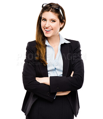 Buy stock photo Arms crossed, fashion and portrait of woman employee in studio isolated on white background for career. Agency, business and smile with work style for start of new job or occupation as secretary