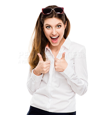 Buy stock photo Woman, thumbs up and happy in studio with wow or congratulations isolated on white background in portrait. Successful, winner and goal in company with good news, promotion and excited in business.