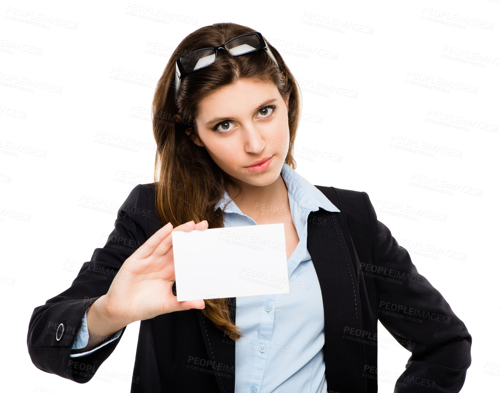 Buy stock photo Woman, portrait and mockup space with business card, isolated in white background as sales consultant. Female person, showing and presenting in studio backdrop for announcement as professional