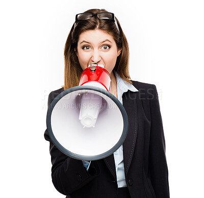 Buy stock photo Business woman, megaphone and shouting in studio for serious announcement, voice or speech. Angry female model portrait in corporate clothes with loudspeaker for breaking news, protest or broadcast 