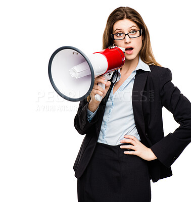 Buy stock photo Shocked, megaphone and a business woman in studio for wow announcement, voice or speech. Surprised female model in corporate clothes with a loudspeaker for breaking news, protest or broadcast 