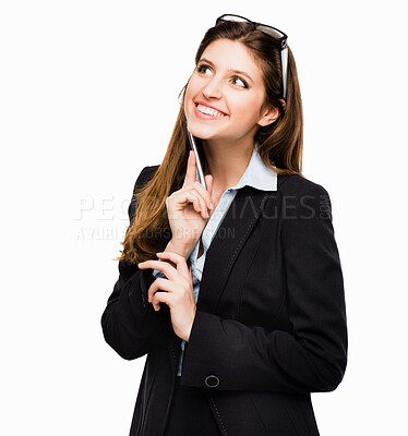 Buy stock photo Business, woman and thinking with pen, opportunity and consultant for project launch isolated on white studio background. Happy person, employee and events planner with idea, decision or inspiration 