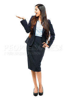 Buy stock photo Happy, showing and business with Indian woman, corporate fashion and secretary isolated on white studio background. Full body, promotion and receptionist with about us and opportunity for employment