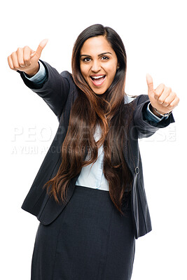 Buy stock photo Portrait, thumbs up and an indian business woman in studio isolated on a white background for motivation or support. Thank you, winner and yes with a happy young female employee showing a like emoji