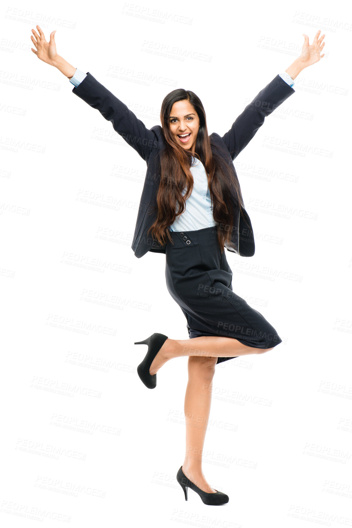 Buy stock photo Portrait, excited and business woman celebrate success, achievement or bonus reward isolated on white studio background. Happy, yes and employee cheers for victory, good news or winning lottery prize