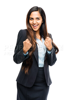 Buy stock photo Portrait, success and business woman celebrate achievement or bonus reward isolated on white studio background.  Excited, fist pump and employee cheers for victory, good news or winning lottery prize