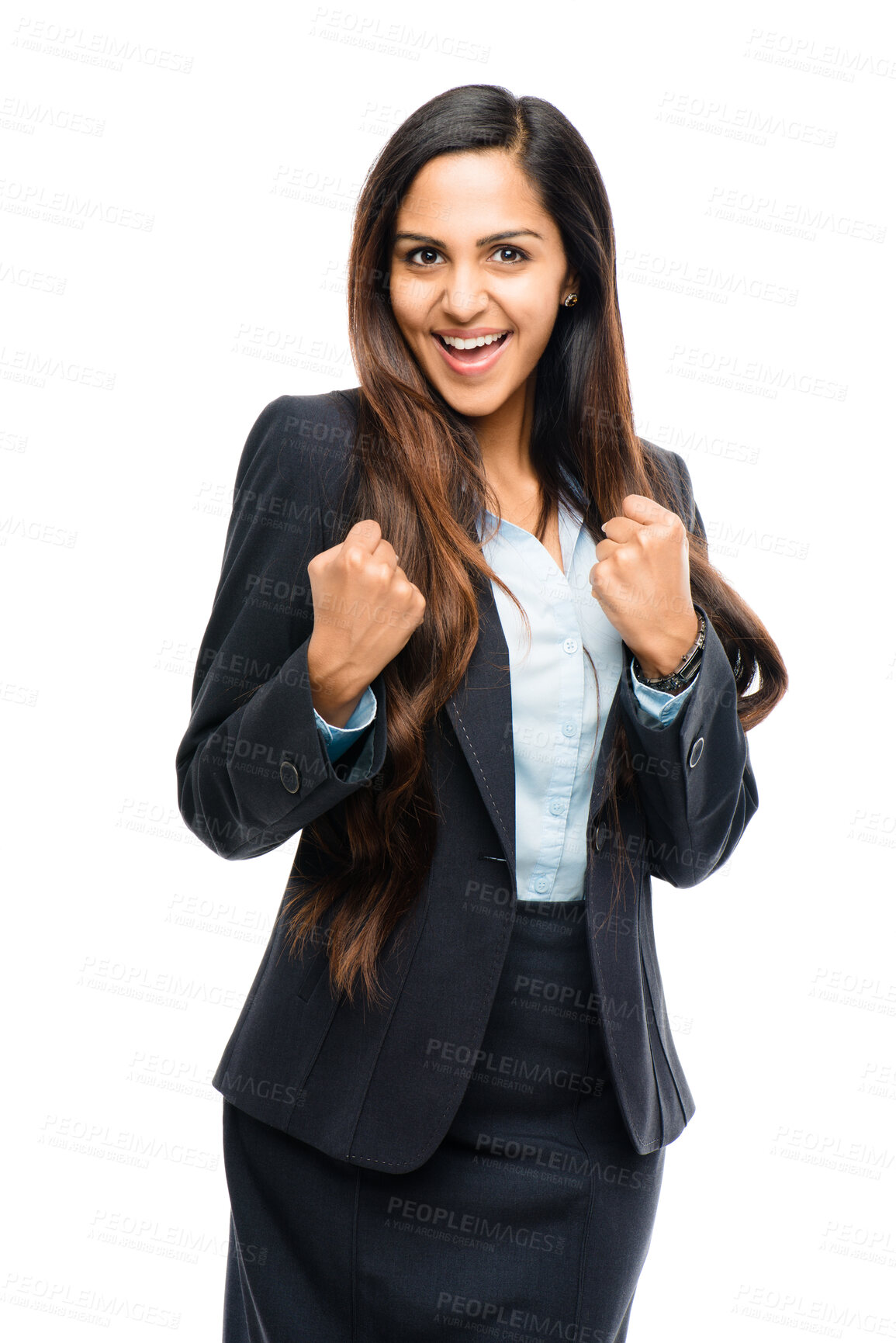 Buy stock photo Portrait, success and business woman celebrate achievement or bonus reward isolated on white studio background.  Excited, fist pump and employee cheers for victory, good news or winning lottery prize