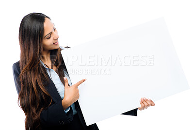 Buy stock photo Business, girl and pointing in studio with poster for information, advertising and communication for promotion. Woman, mock up and billboard on white background for brand, logo and corporate news