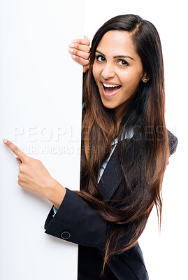 Buy stock photo Corporate, girl and portrait in studio with poster for information, advertising and communication for promotion. Woman, mock up and billboard on white background for brand, logo and business news