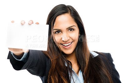 Buy stock photo Mockup, portrait and woman with business card in studio for contact us number, information or details. Smile, professional and female lawyer with blank paper for marketing by white background.