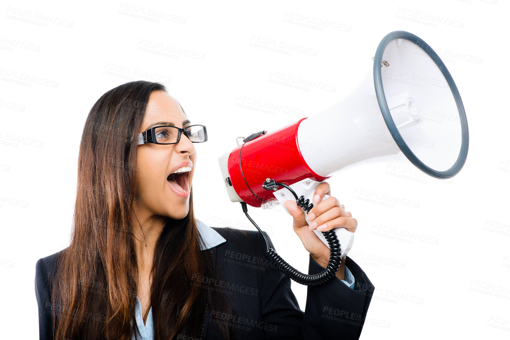 Buy stock photo Business, woman and megaphone in studio for announcement, motivation speech and corporate message for promotion. Girl, isolated and white background for shouting, voice and bullhorn for communication