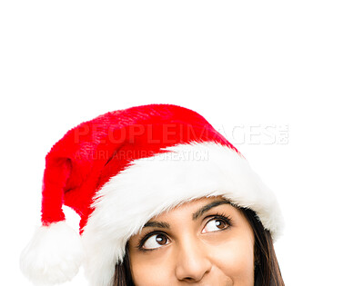 Buy stock photo Woman, christmas hat or festive accessory on in white studio background for celebration or holiday season. Female person, thinking or daydreaming of event, party and gift giving with excitement 