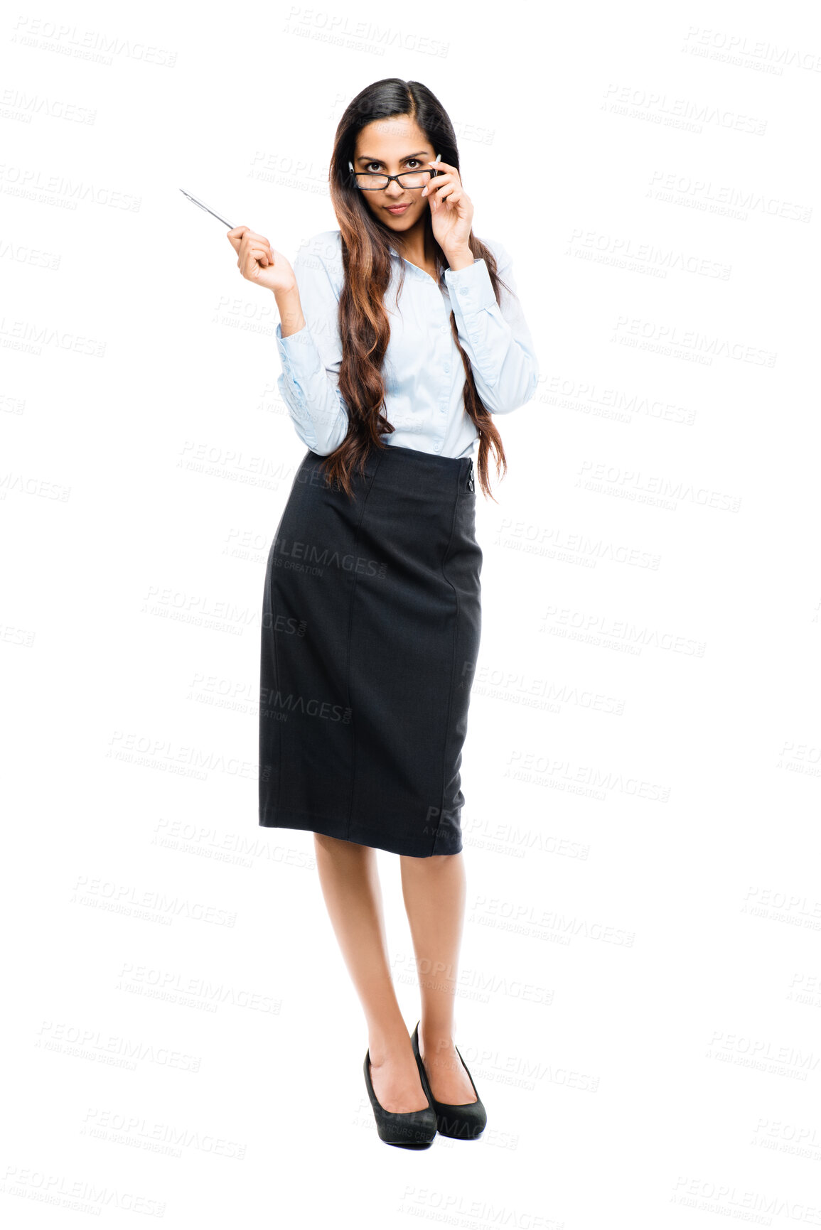 Buy stock photo Studio, portrait and woman with glasses for business fashion, receptionist and confident on white background. Office style, administration and female secretary with pen for corporate or formal wear