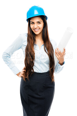 Buy stock photo Shot of a young indian businesswoman working in construction against a studio background