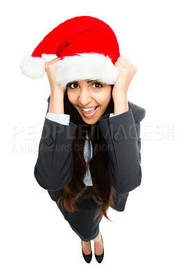 Buy stock photo Business woman, christmas hat and portrait in white studio background for celebration or holiday season. Female person, happy and festive accessory on for event or surprise party with excitement