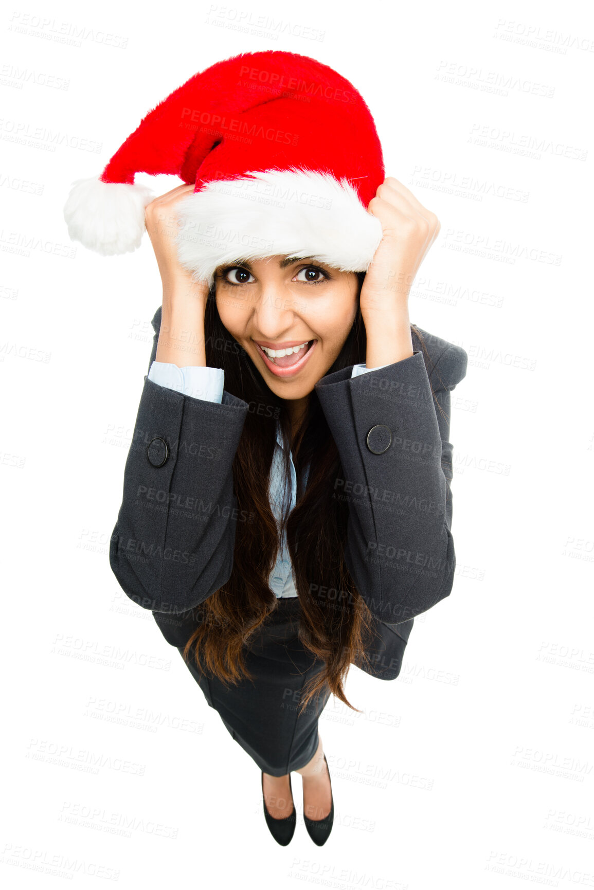 Buy stock photo Business woman, christmas hat and portrait in white studio background for celebration or holiday season. Female person, happy and festive accessory on for event or surprise party with excitement