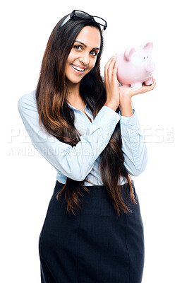 Buy stock photo Portrait, piggy bank and business woman with savings, finance or broker invest isolated on white studio background space. Smile, professional and money box in cash container for future budget income