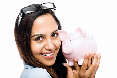 Buy stock photo Portrait, smile and woman with piggy bank for savings, finance or investment isolated on white studio background. Face, happy person or money box for budget, income or cash container of future wealth