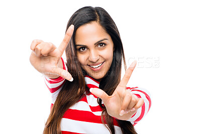 Buy stock photo Happy woman, portrait and frame with photography for picture, moment or capture on a white studio background. Female person framing face with smile in perfect memory, border or focus for social media