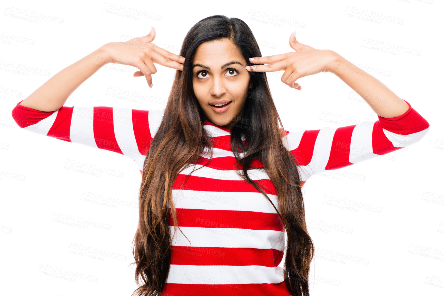 Buy stock photo Woman, head and finger gun with joke or funny with silly gesture in studio isolated on white background. Sarcasm, exaggeration and comic with goofy for comedy, humor and playful in Netherlands.