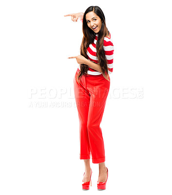 Buy stock photo Portrait, Indian girl and woman pointing, fashion editor and opportunity for growth, stylist and promotion isolated on white studio background. Contact us for model agency, consultant and coming soon