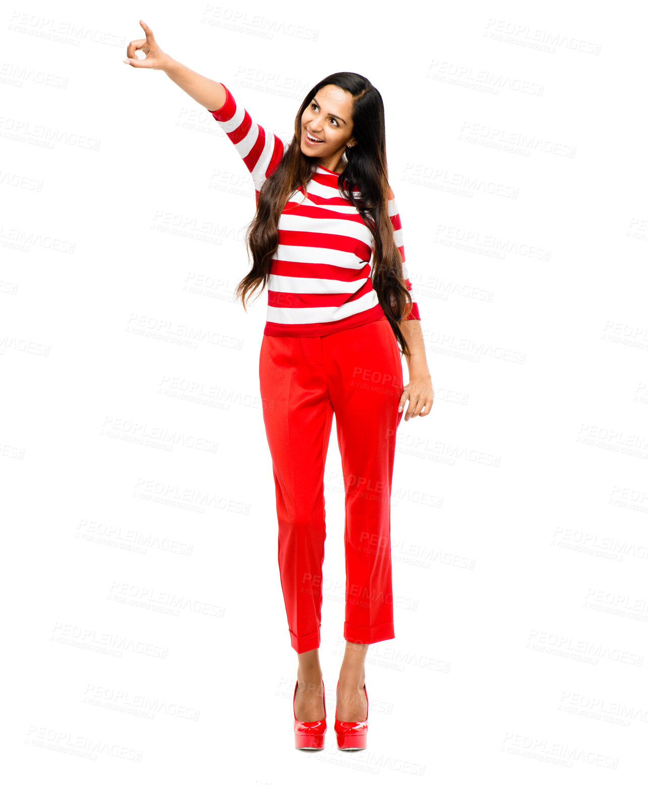 Buy stock photo Studio, smile and girl with fashion, pointing and mockup of offer of sale, clothes and promotion. White background, happiness and person with discount, aesthetic and outfit for model, space and woman