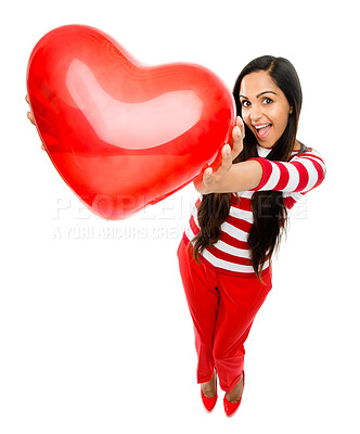 Buy stock photo Woman, portrait and red heart or balloon in studio for valentines day, love and romance on mockup. Person, happy and excited with emoji or sign for passion, care and celebration on white background