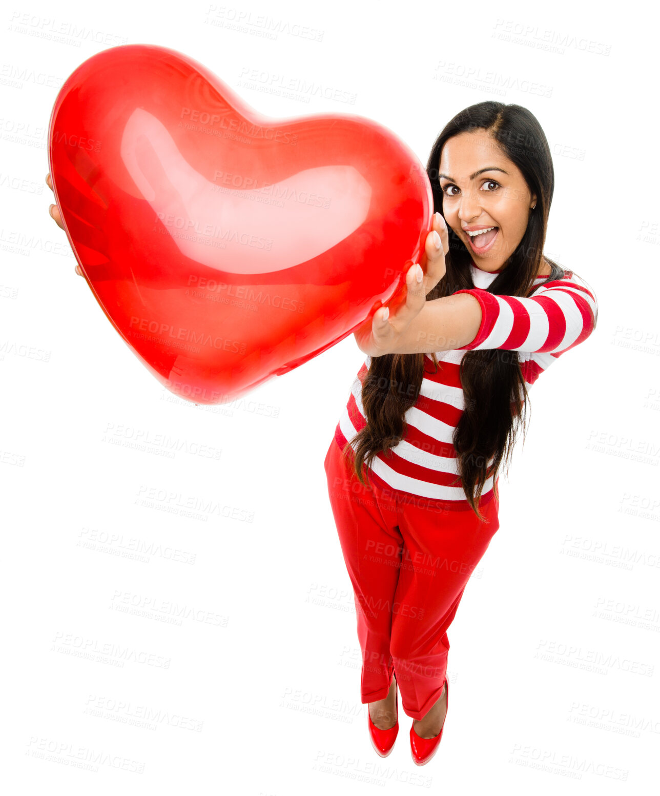 Buy stock photo Woman, portrait and red heart or balloon in studio for valentines day, love and romance on mockup. Person, happy and excited with emoji or sign for passion, care and celebration on white background