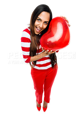 Buy stock photo Happy woman, portrait and surprise with heart balloon for love or valentines day on a white studio background. Excited female person, young cupid or smile with red emoji for romance or anniversary