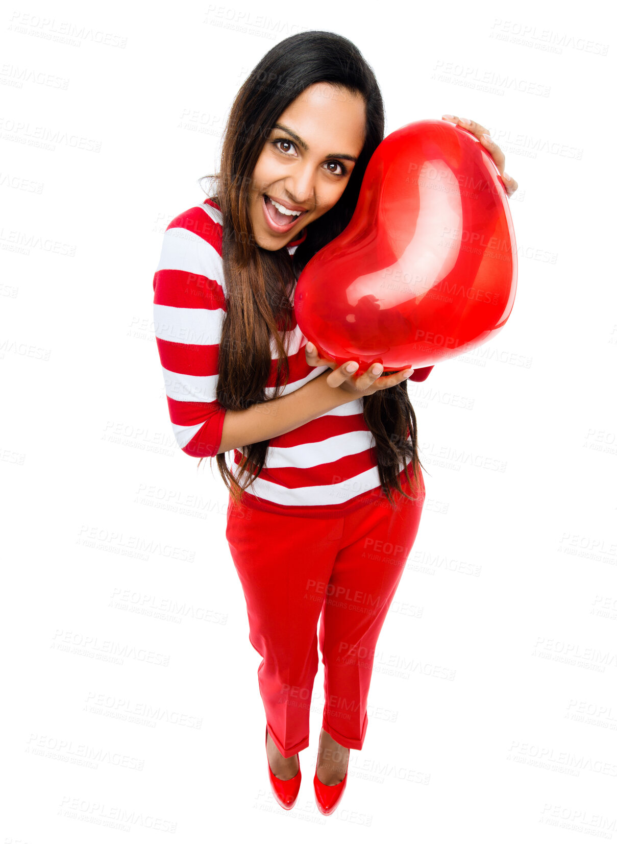 Buy stock photo Happy woman, portrait and surprise with heart balloon for love or valentines day on a white studio background. Excited female person, young cupid or smile with red emoji for romance or anniversary