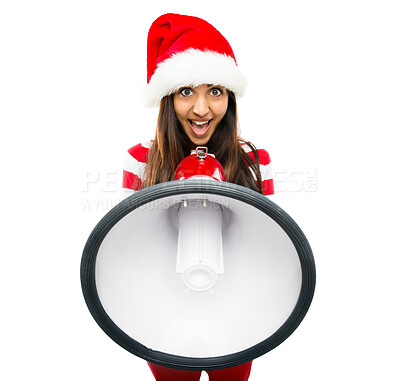 Buy stock photo Happy woman, portrait and christmas hat with megaphone for announcement or alert on a white studio background. Excited female person with smile or loudspeaker for december holiday special or deal