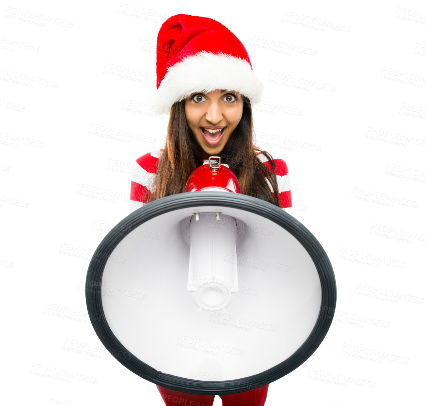 Buy stock photo Happy woman, portrait and christmas hat with megaphone for announcement or alert on a white studio background. Excited female person with smile or loudspeaker for december holiday special or deal