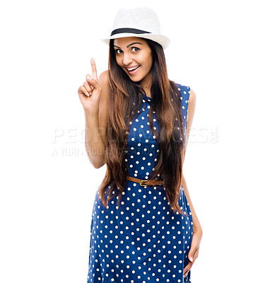 Buy stock photo Studio, hat and girl with fashion, pointing and mockup for offer of sale, clothes and promotion. White background, happiness and person with discount, aesthetic and outfit for model, space and woman