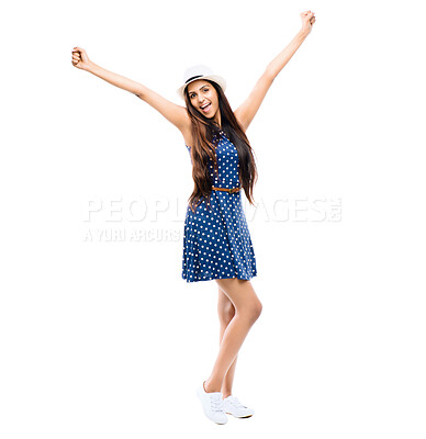 Buy stock photo Portrait, excited or woman celebrate success for deal, achievement or bonus reward isolated on white studio background space. Happy, yes or girl cheers for opportunity, good news or win lottery prize