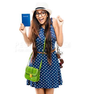 Buy stock photo Woman, passport and excited for portrait in studio with smile, winning and bag by white background. Girl, student and happy with international travel documents, fist and celebration for immigration