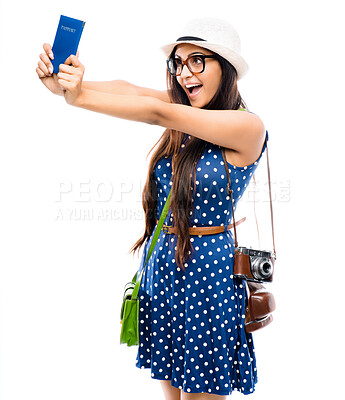 Buy stock photo Woman, travel and studio with passport for excitement, adventure and documents on white background. Ticket, boarding pass and cameras for memories, business class and tourist person for vacation