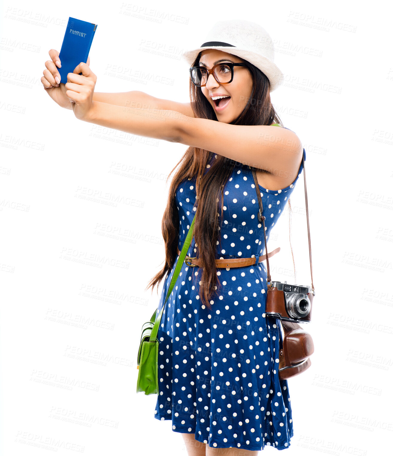 Buy stock photo Woman, travel and studio with passport for excitement, adventure and documents on white background. Ticket, boarding pass and cameras for memories, business class and tourist person for vacation