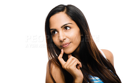 Buy stock photo Hand, decision and woman with thinking in studio for solution, brainstorming and considering an option. Relax, pensive and person with idea for contemplating, choice and wonder on white background