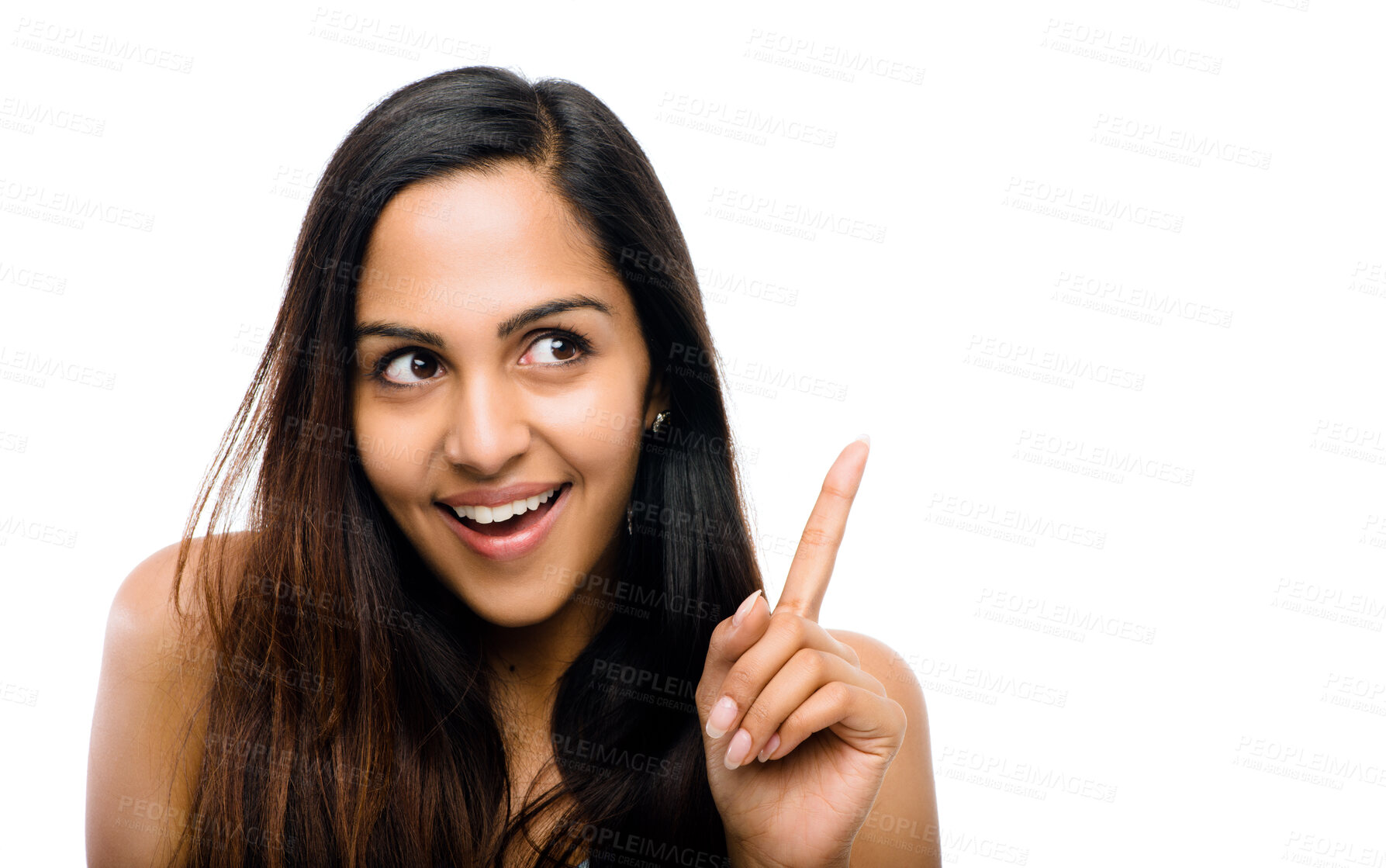 Buy stock photo Thinking, showing and woman pointing up, hand and opportunity for feedback, review and promotion. Person, girl and model isolated on white studio background for ideas, mockup space and announcement